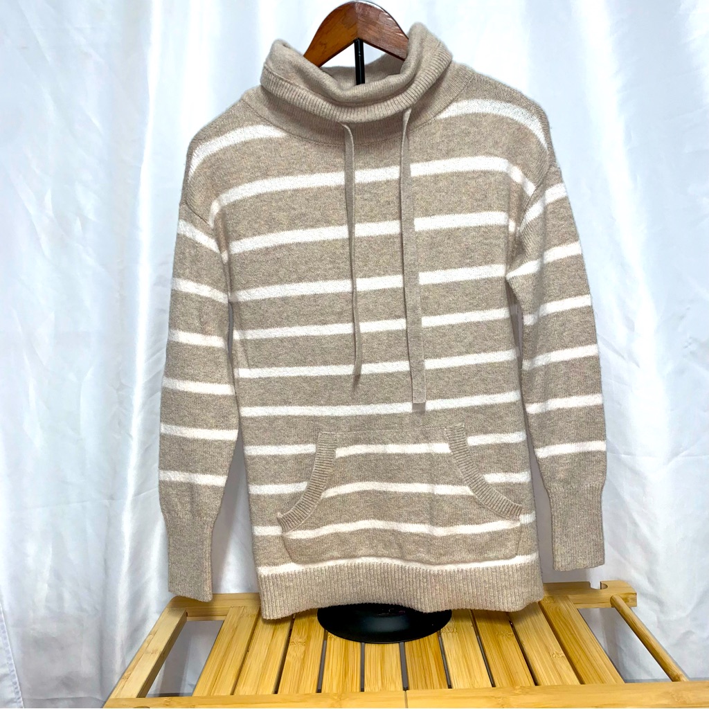 Loft Striped Drawstring Neck Pocket Sweater In Stone Heather Size Xxs